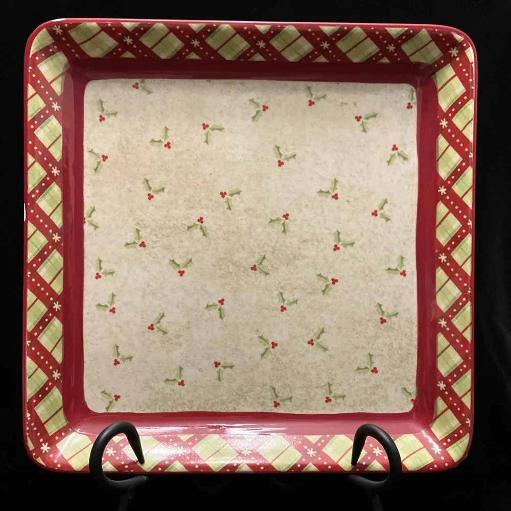 Debbie Mumm JoAnn 2008 Holly Berries Square Porcelain Serving Platter Plaid Chip